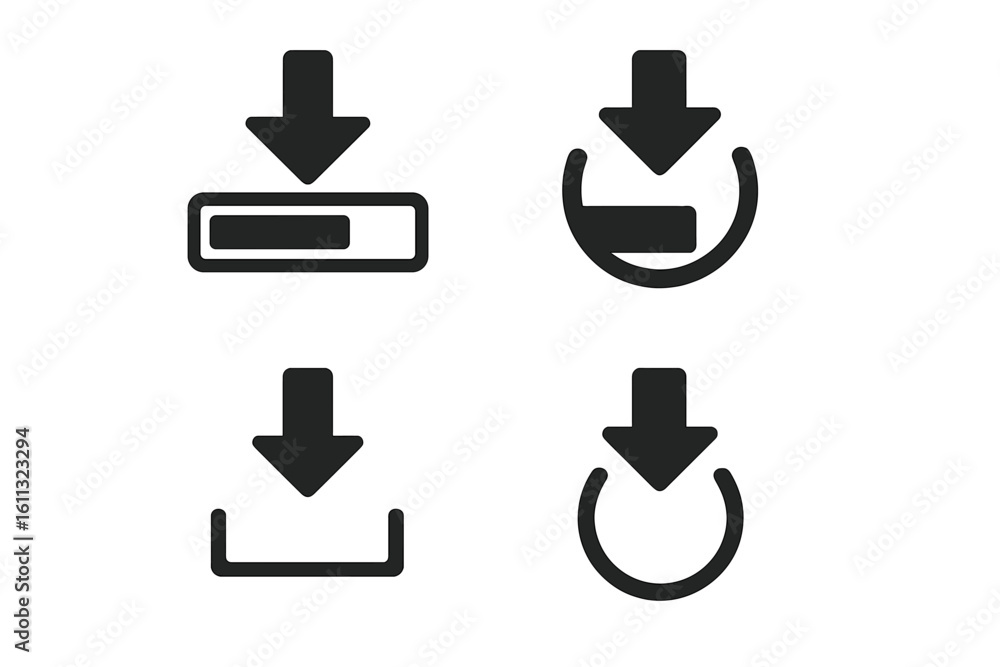 Poster download icon set with progress bar. data transfer and loading signs. arrow down symbol for web, app
