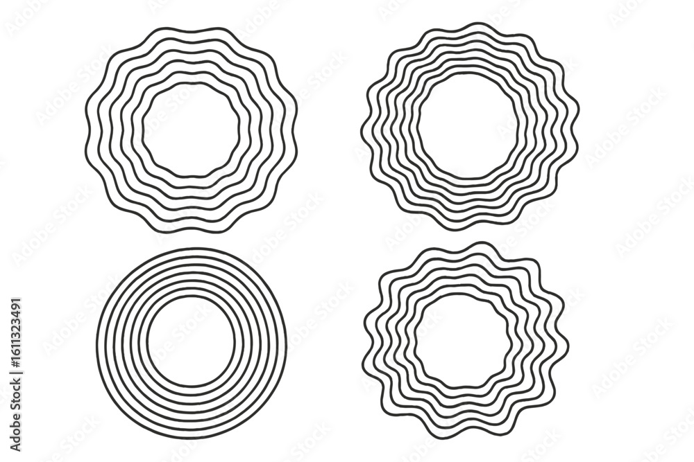 Poster set of geometric distortion circles and wavy curve designs. abstract round sound wave frames. futuri