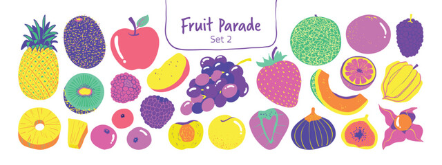Isolated hand drawn fruit clipart set on a transparent background. Cute minimal colorful doodle Illustration Style, Set 2.