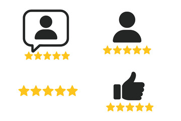 Five stars customer review icons set. Rating signs and user reviews symbol. Thumbs up for good client satisfaction. Best user experience and positive feedback concept.