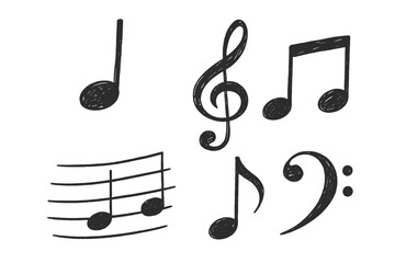 Hand drawn musical notes sketch vector illustration. Music symbols set with treble clef and bass clef. Doodle melody sound song icon. Isolated on transparent background.