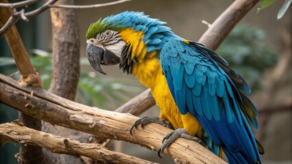 Obraz premium A vibrant blue and gold macaw, a colorful tropical parrot, with a striking yellow and blue feather pattern and a strong beak