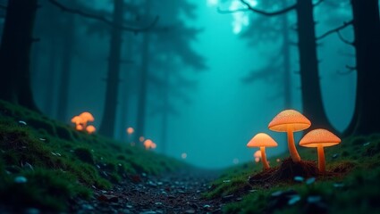 Fantasy Forest Scene with Glowing Mushrooms and Magical Atmosphere