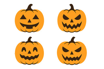 Halloween pumpkins vector set. Jack o'lantern faces with various emotions: scary, happy, spooky, evil. Autumn holiday character icon collection for design elements.