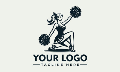 A stylized logo featuring a kneeling cheerleader with pom-poms, ready for action.