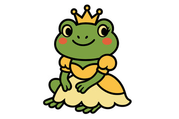 Obraz premium Cute frog princess character in a yellow dress and crown. Kawaii animal mascot for kids fairy tale story. Vector illustration isolated on transparent background. Happy amphibian.