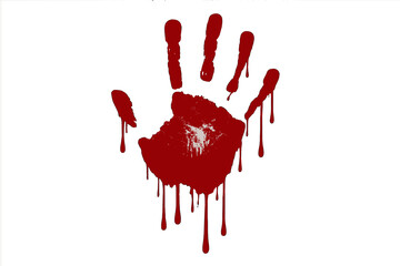 Horror bloody handprint with dripping blood. Red hand print vector illustration. Scary crime scene concept. Halloween decor. Grunge splatter mark. Isolated on transparent.