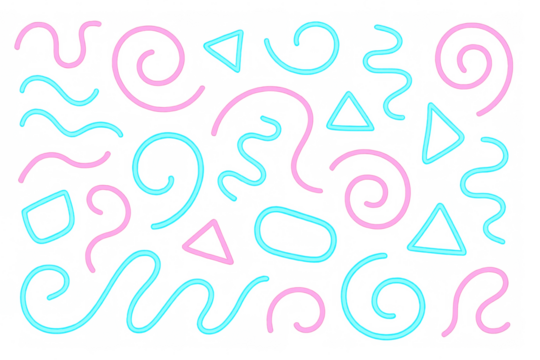 Neon pink and blue geometric lines intersecting, creating dynamic retro-style graphic pattern against transparent backdrop
