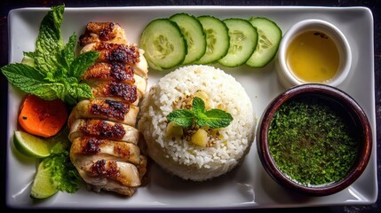 Grilled Chicken Fillet with Rice and Fresh Vegetables on Plate