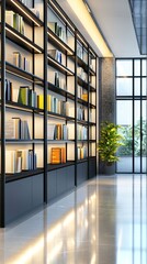 Modern Library Interior with Bookshelves and Natural Light Design