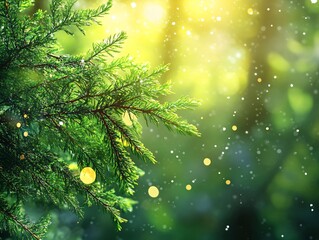 Lush Evergreen Branch with Bokeh Background and Soft Light Effects