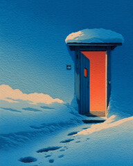 A mysterious open door glows with warm orange light in a vast, minimalist snowscape. Footprints lead away into the cold blue expanse.