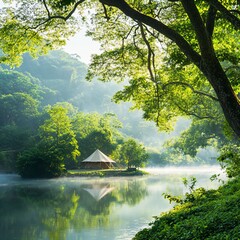 Tranquil Forest Retreat Near Serene River in Lush Green Landscape