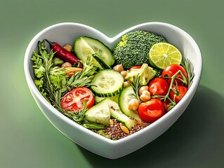 Fresh Heart-Shaped Bowl of Colorful Healthy Vegetables and Herbs
