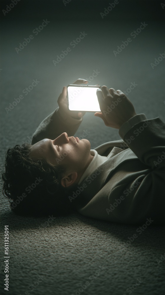 Poster tech-obsessed: an individual absorbed by a glowing screen, lying down in a dim setting, creating a c