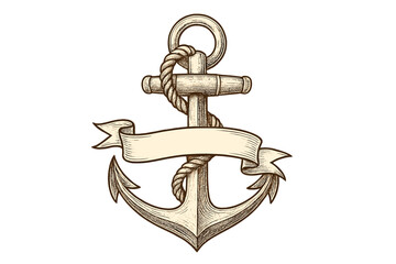 Ship anchor with rope and ribbon banner. Vintage nautical emblem in engraving style. Retro marine tattoo sketch vector illustration. Sea, ocean, sail, navy symbol isolated.