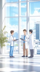 Young doctors discussing medical report in a modern hospital setting