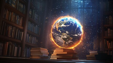 Enchanted Library with Floating Earth Surrounded by Cosmic Wonders