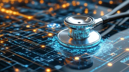 Futuristic Stethoscope on Digital Circuit Board Background
