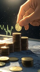Hand Holding a Bitcoin Above Stacks of Coins with Chart Background