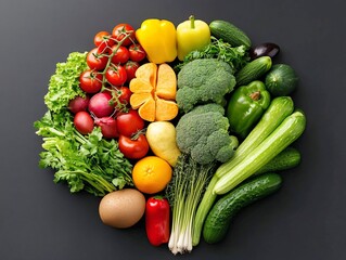 Fresh Colorful Vegetables and Fruits Arrangement on Dark Background