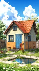 Charming cottage with colorful exterior and peaceful garden setting