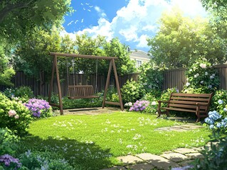 Serene Garden Oasis with Swing and Flowering Plants in Daylight