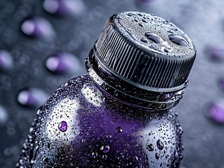 Close-up of Water Drops on Dark Bottle Surface in Studio Lighting