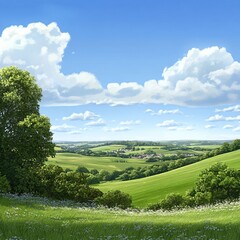 Scenic Rolling Hills Under Bright Blue Sky with Fluffy White Clouds