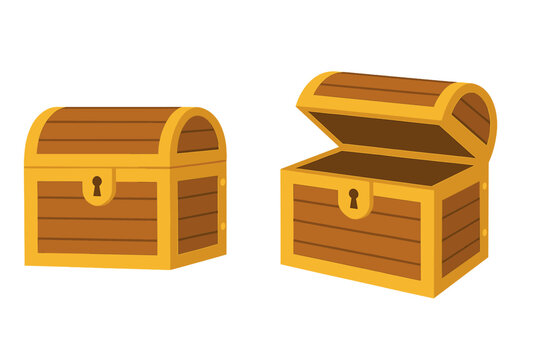 Wooden treasure chest set vector illustration. Open and empty plus closed pirate chest with gold lock. Ancient dower or mystery box for game icon. Antique storage isolated.