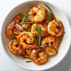 Grilled Shrimp with Rosemary Garnish on White Plate