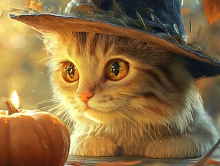 Adorable Cat with Hat and Pumpkin in Autumn Setting at Sunset