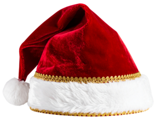 Elegant Velvet Santa Hat with Gold Lining, Angled View, Transparent Background
