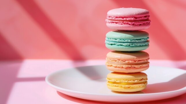Colorful Macarons Stacked on White Plate Against Soft Pink Background