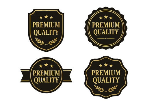 Premium quality golden badges vector set. Luxury gold and black labels, emblems and stickers. Elegant retro seal collection with stars. Best choice guarantee symbol.