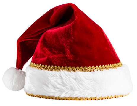Elegant Velvet Santa Hat with Gold Lining, Angled View, Transparent Background