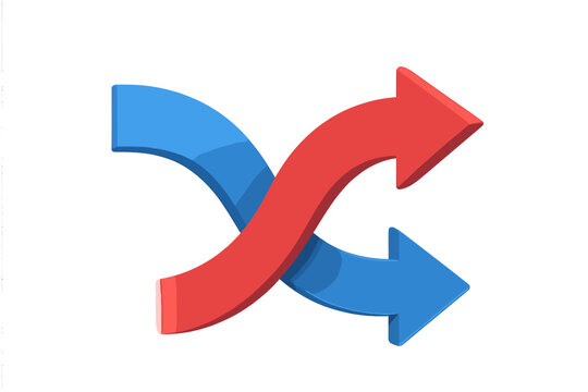 Two 3d arrows crossing over. Shuffle icon. Concept of merging paths, interaction, alternative choice, and direction change. Business process, connection metaphor vector.