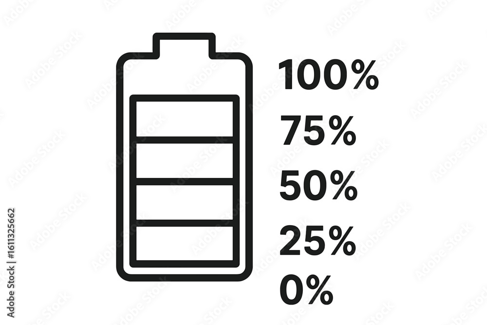 Poster battery charge level indicator icon set. vector graphic with percentage steps from full 100% to empt