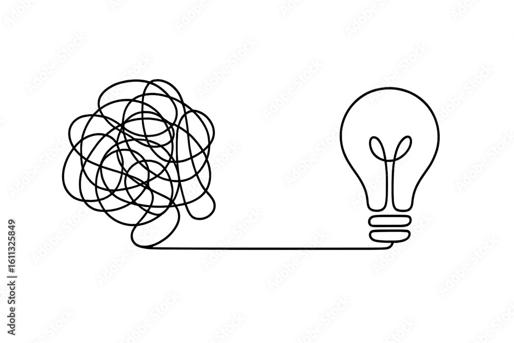 Poster complex problem solving, simplifying chaos to find a solution. continuous line art from mess to a cl