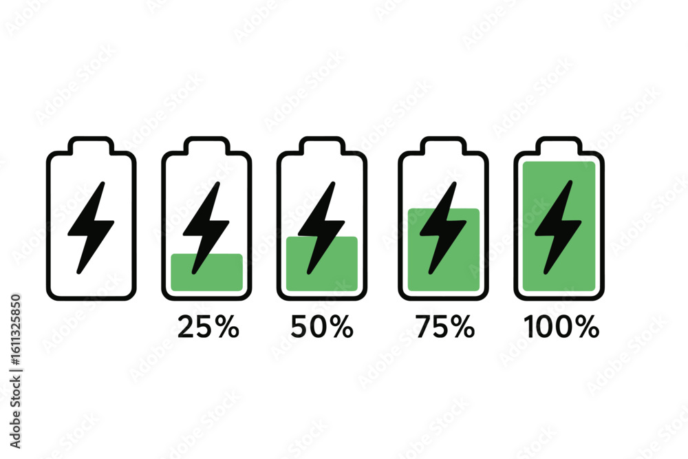Poster battery charging status icons. vector battery level indicator set. from low empty to full charge. po