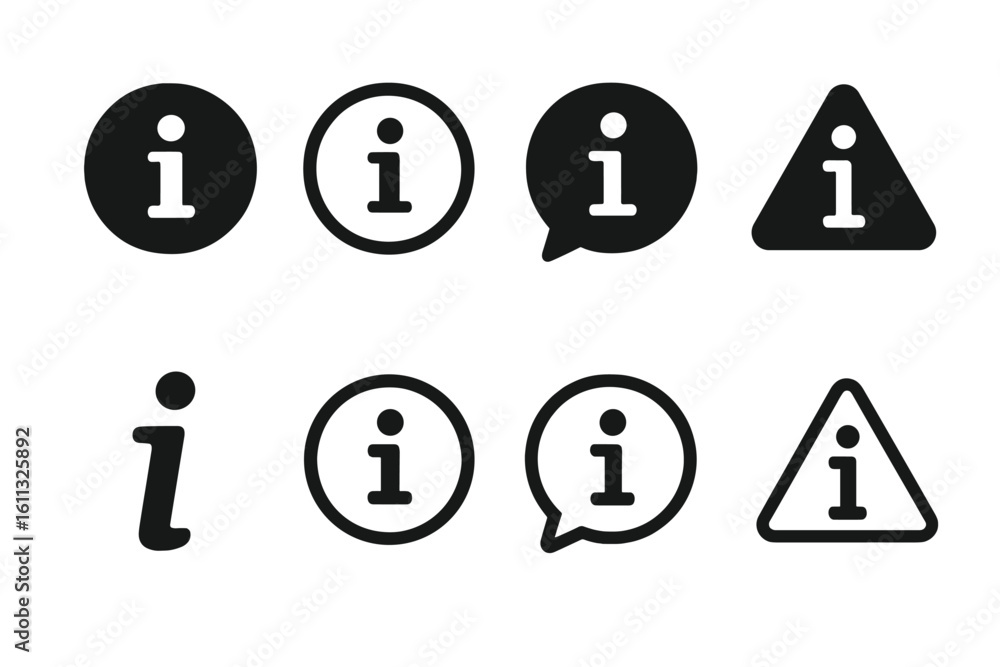 Poster information icon set vector collection. black flat info signs for web design. help, support, faq, no