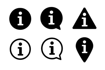 Information icon set. Black flat design info symbols for web and mobile apps. Includes help desk, FAQ, support, and details buttons. Vector graphic elements isolated.