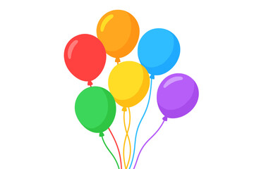 Bunch of colorful helium balloons flying up. Celebration, party decoration for a birthday, anniversary, or carnival. Bright festive holiday design element. Vector illustration.