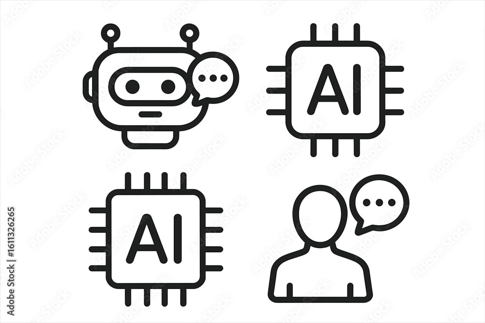 Poster ai technology icon set. chatbot assistant, robot head, and user avatar with speech bubble. artificia