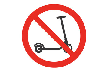 No electric scooter allowed sign. Red prohibition symbol for urban transport. Riding on e-scooters is prohibited. Warning round icon for traffic regulation and safety.