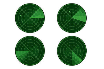 Set of green radar screens with scanning sonar. Vector illustration for military, navigation or technology concepts. HUD interface with target detection on transparent background.