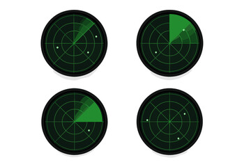 Set of radar screens with targets. Sonar scanning and searching for objects. Military technology interface for navigation and tracking. Green futuristic hud display vector.