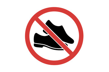 No shoes allowed vector icon. Remove footwear prohibition sign collection. Forbidden shoes symbol for entrance or warning notice. Red round crossed out circle illustration.