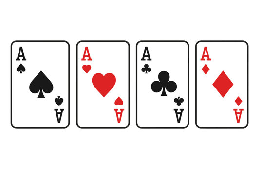 Four aces playing cards set with all suits: hearts, diamonds, clubs, and spades. Gambling symbol collection for poker or casino games. Vector illustration icons isolated.