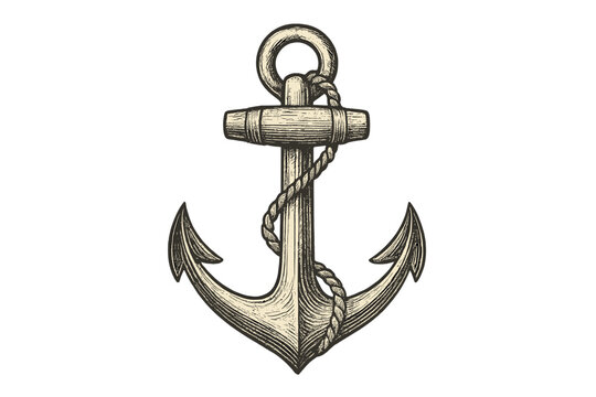 Ship anchor vintage engraving. Nautical marine retro emblem. Hand drawn vector illustration with rope. Isolated sea sailor symbol for logo, tattoo or t-shirt design.